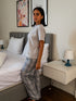 Women summer pajama set Grey Tee + Light Grey X Grey Glen Plaid Pants